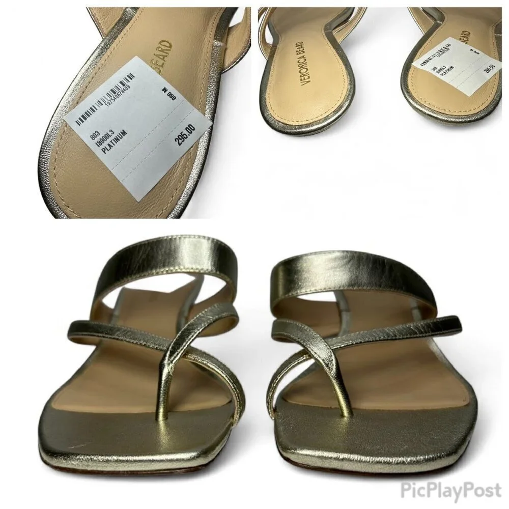 VERONICA BEARD Alanis Strappy Slip On Mid Heel Sandals, Gold, Size 8, NWOB